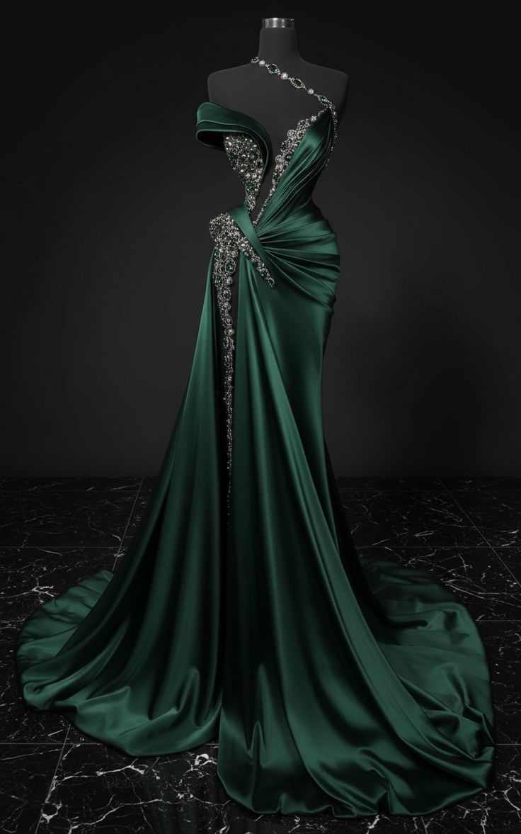 Green Luxurious Satin Long Dress with Exquisite Beading NV6685