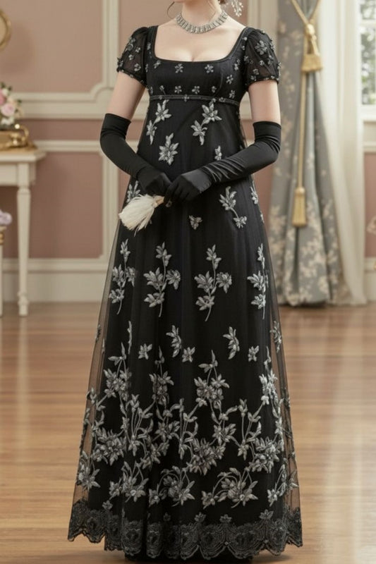 NiceVestidos--Retro Black Short-Sleeved Floral Empire Dress High Waist Dress Long Chiffon Square Neck Prom Dress NV5880