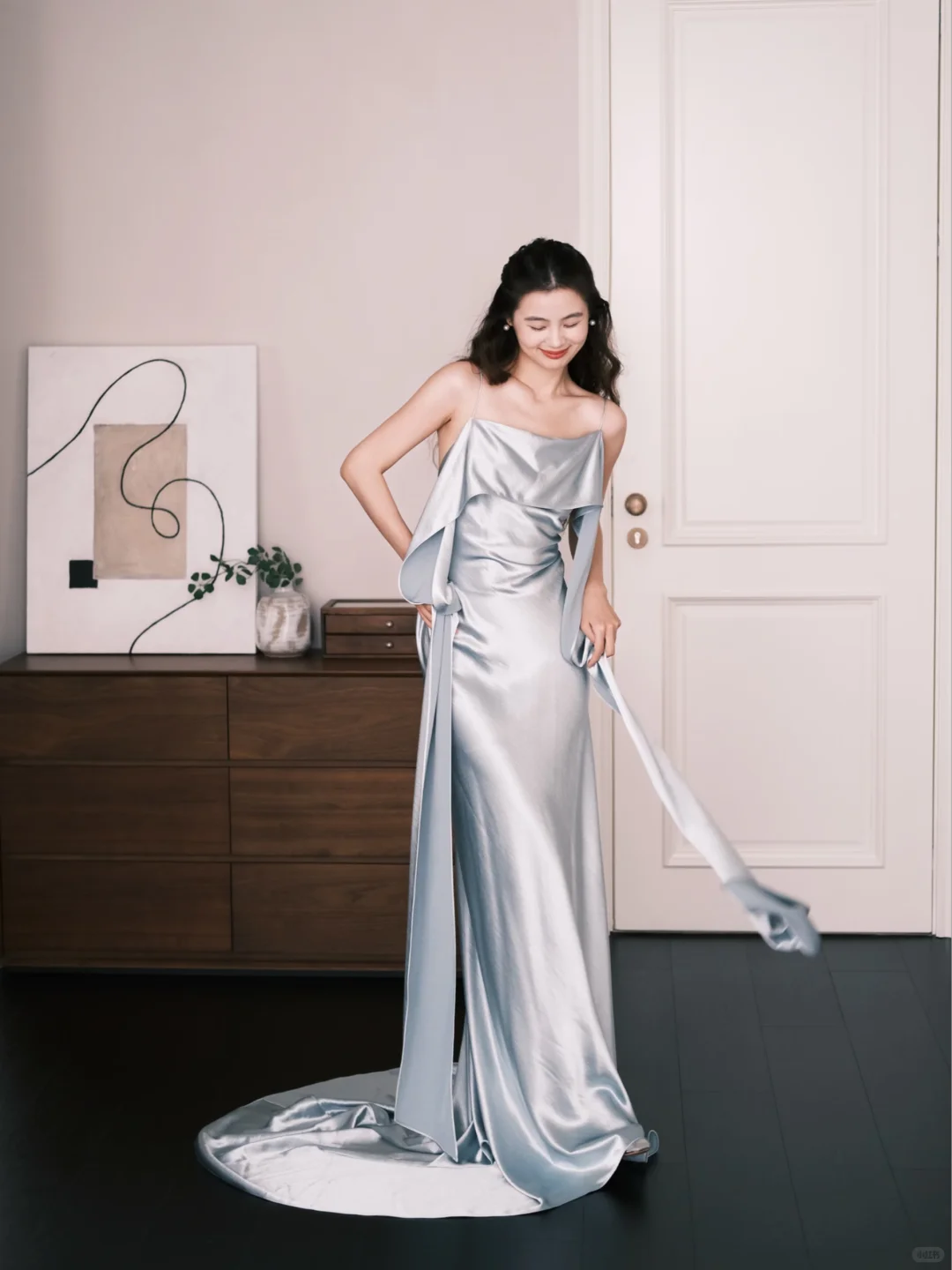 Light Ice Blue Spaghetti Strap Satin Mermaid Prom Dress Cowl Neck Evening Gown  NV7206
