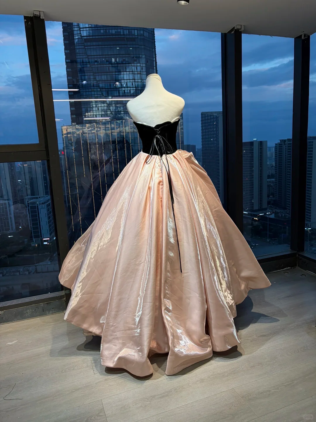Strapless Black Pink Contrast Ball Gown Velvet Bodice Shiny Satin Skirt Bow Prom Dress  NV7042