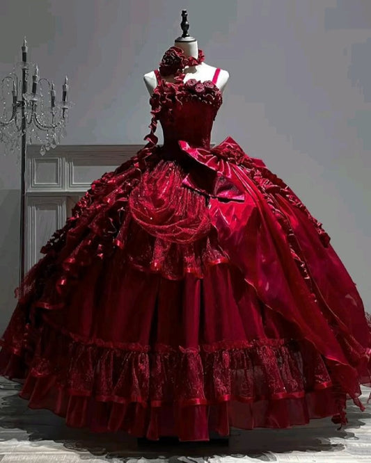 Rotes Kleid im Retro-Palaststil: Satin, mehrlagiger Rock, Partykleid NV6436