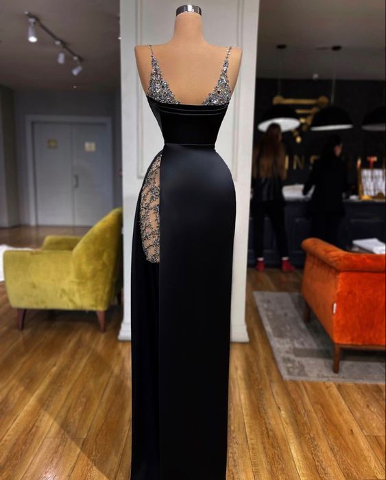 Black simple elegant V-neck rhinestone gorgeous long sexy ball gown evening dress nv2772