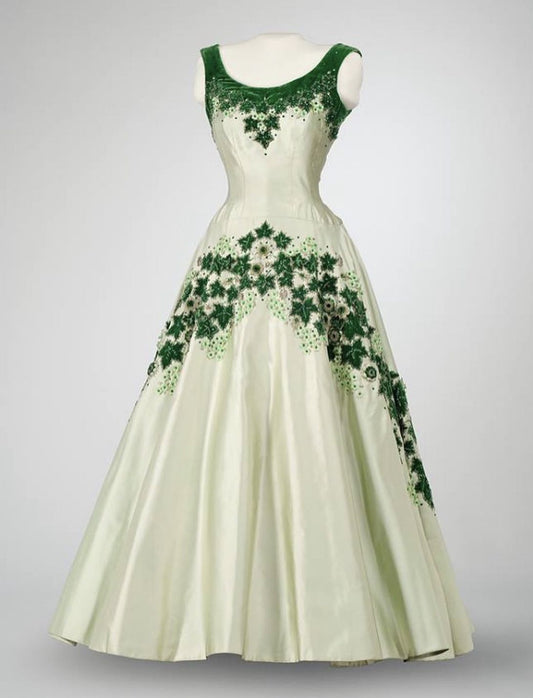 NiceVestidos-Green Vintage Floral Long Satin Prom Gown Ball Gown nv5564