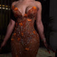 Orange Luxury Shiny Beading V-Neck Sexy Elegant Mermaid Slim Fit Long Floor Length Train Ball Gown Evening Dress Party Dress Sleeveless 17th Birthday Outfit nv1406