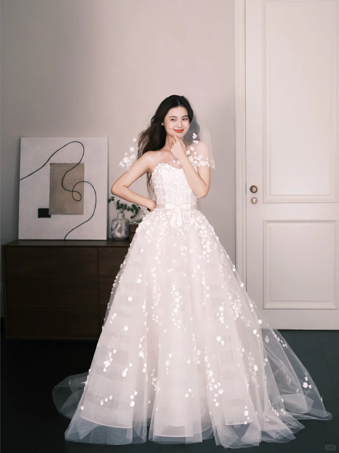 Strapless Sweetheart 3D Flower A Line Wedding Gown with Bow Sash  NV7345