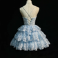 Ice Blue Spaghetti Straps Corset Short Prom Dress 3D Floral Sequin Lace Tiered Ruffle Tulle Mini Formal Gown  NV6890
