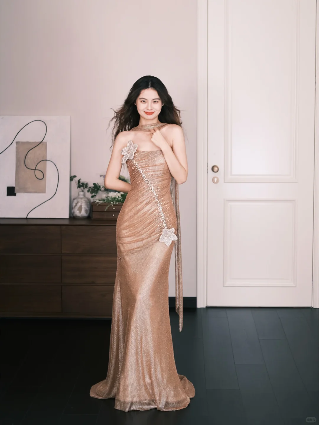 Strapless Champagne Glitter Mermaid Prom Dress with 3D Beaded Flowers  NV7341