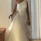 White Fashion One Shoulder Pleated Asymmetric Hem Satin Dress Chic Long Ball Gown Evening Gown Party Dress nv1850