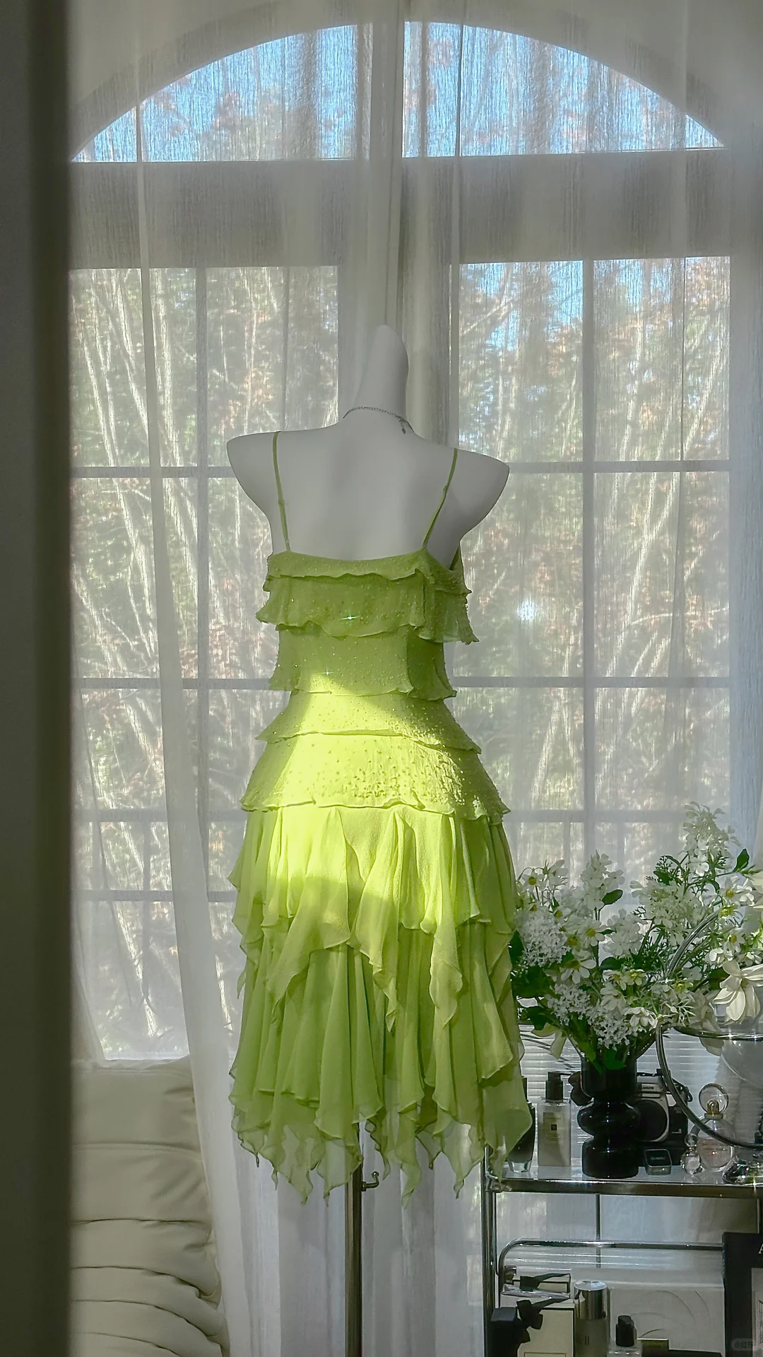 Light Green Spaghetti Straps Tiered Chiffon Short Formal Dress With Sparkle Beads Irregular Flowy Skirt  NV6887