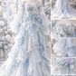 Pastel Blue Floral Butterfly Lolita Prom Dress, Sweetheart Neck Detachable Flare Sleeve Tiered Tulle Gown  NV7453