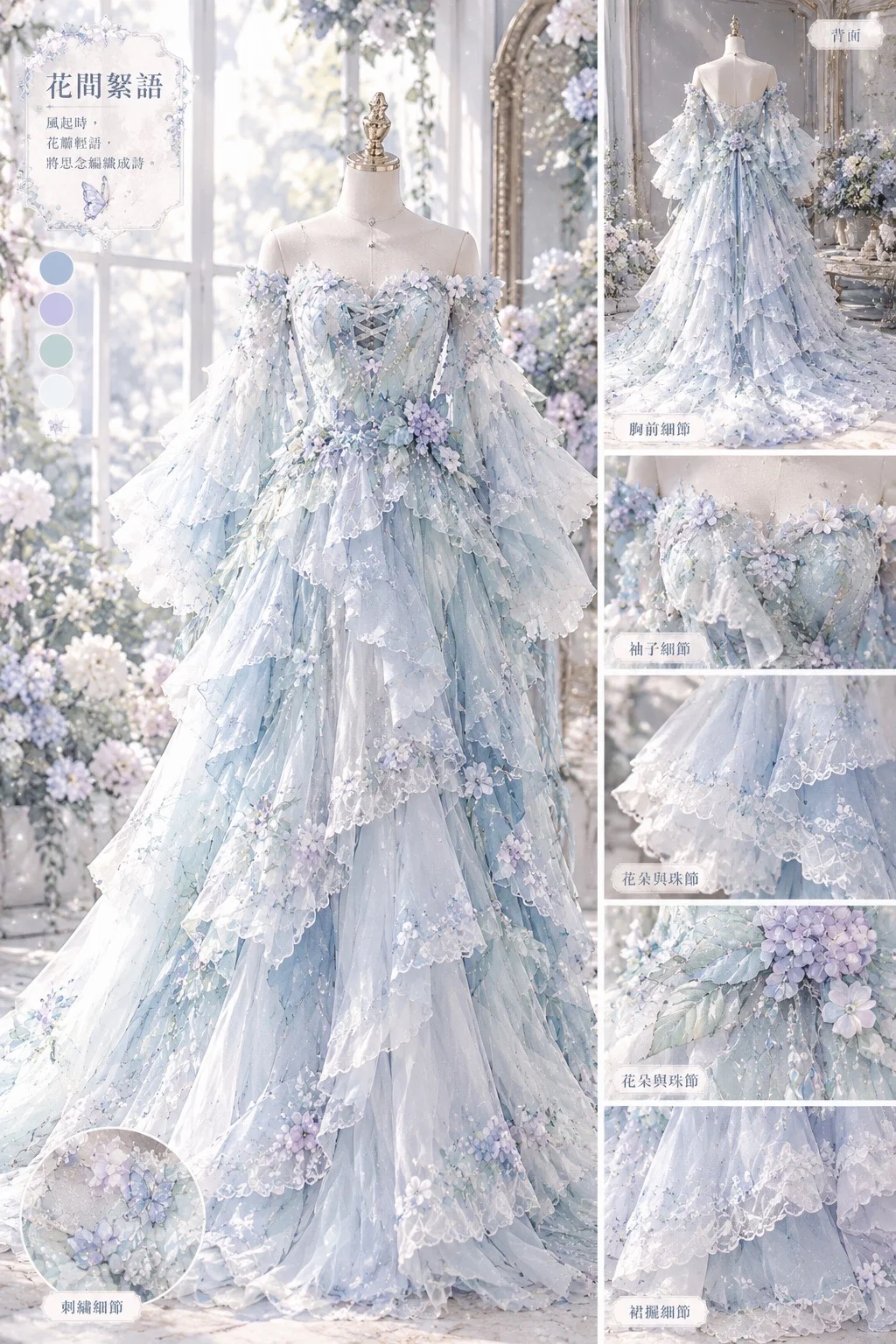 Pastel Blue Floral Butterfly Lolita Prom Dress, Sweetheart Neck Detachable Flare Sleeve Tiered Tulle Gown  NV7453