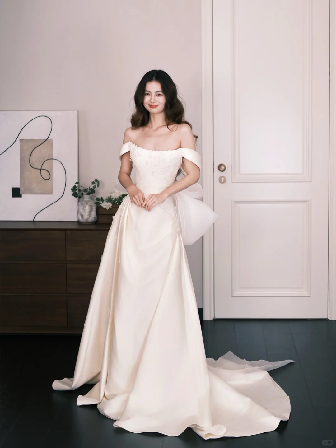 Off The Shoulder Satin Wedding Dress with Lace & Bow  NV7313