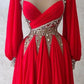 NiceVestidos-Red, Delicately Beaded, Long-Sleeved Satin Formal Dress NV6139