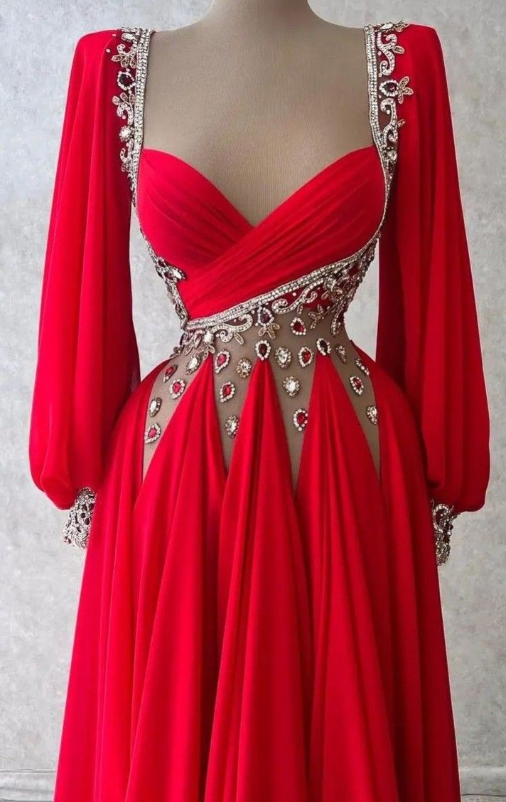NiceVestidos-Red, Delicately Beaded, Long-Sleeved Satin Formal Dress NV6139