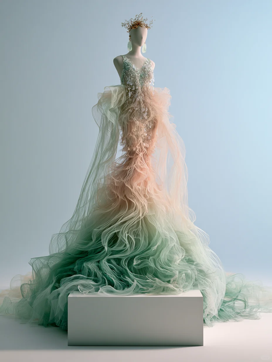 Pink Mint Green Gradient Spaghetti Strap Beaded Mermaid Gown  NV7477