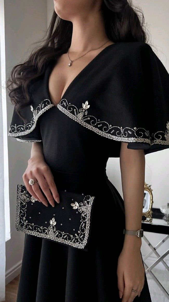 Black simple elegant cape style embroidered long ball gown evening dress party dress nv2421