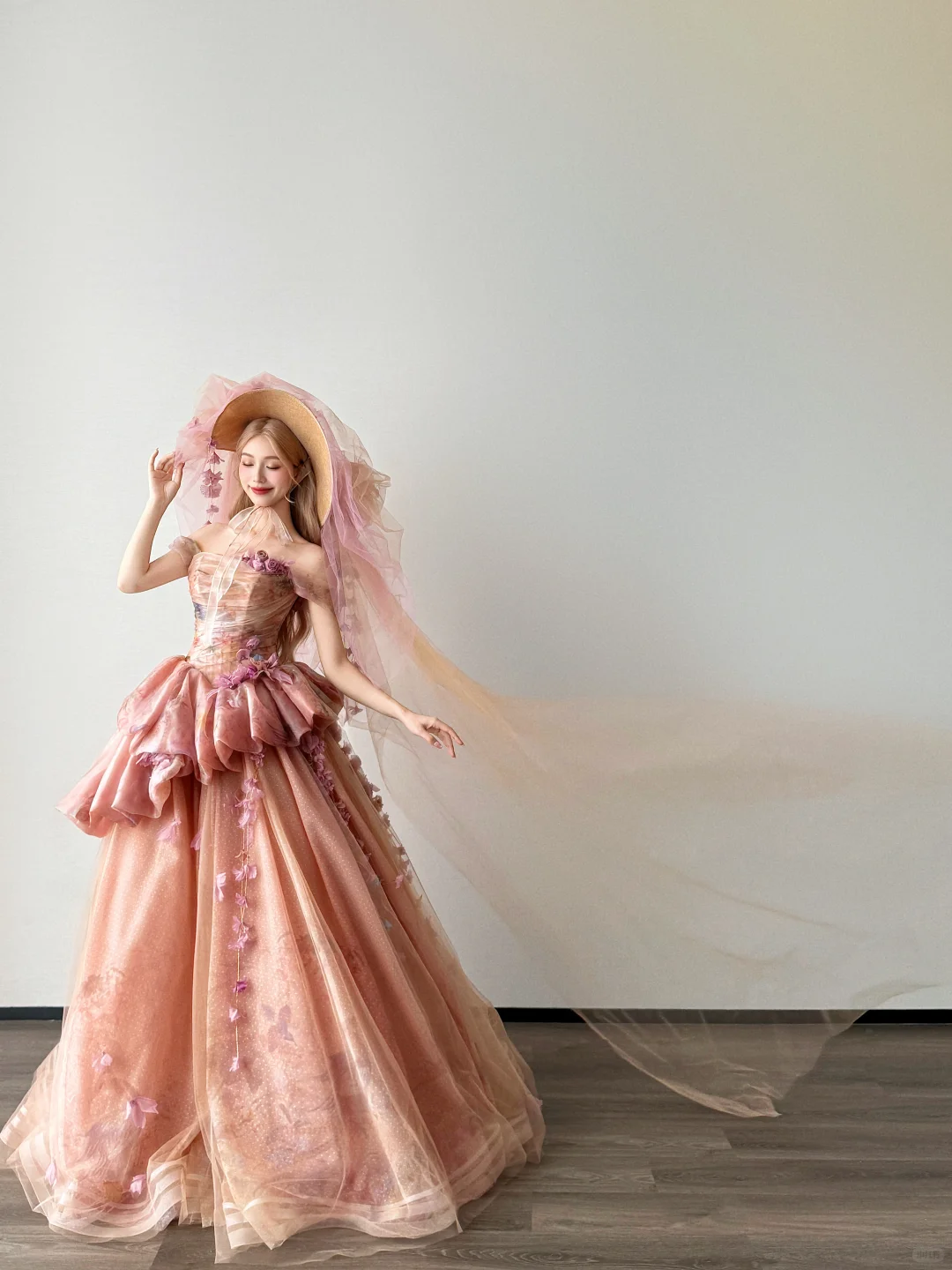 Strapless Pink Peach Tulle Ball Gown 3D Floral Prom Dress  NV7122