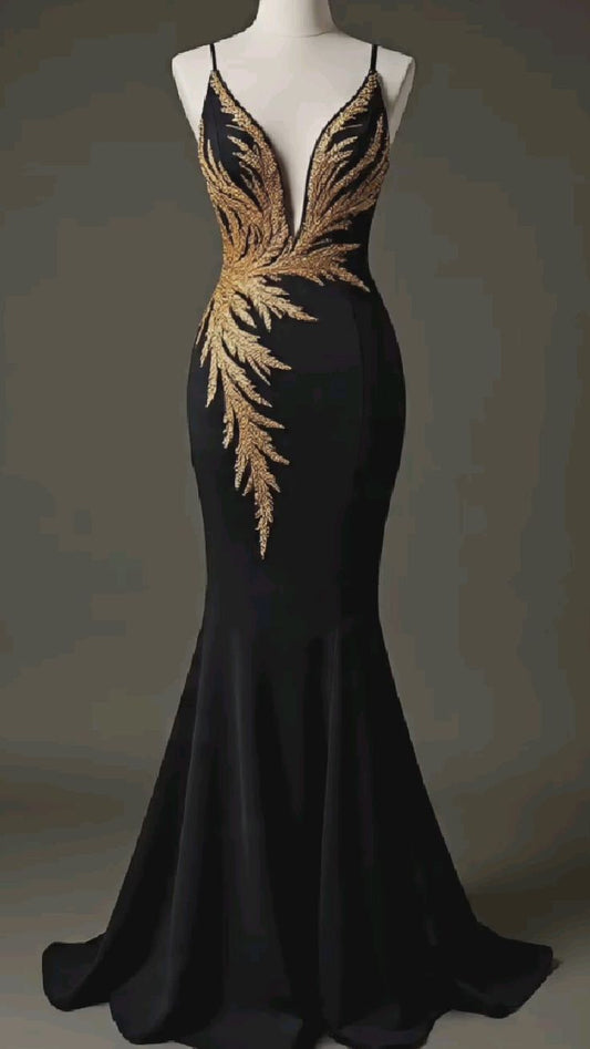 NiceVestidos-Black, Elegant, Exquisitely Beaded, Long Satin Formal Gown. NV6145
