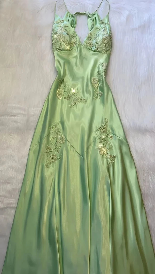Sage Green/Pink Vintage V Neck Beaded Spaghetti Strap Backless Long Mermaid Ball Gown Evening Dress Formal Party Dress nv3599