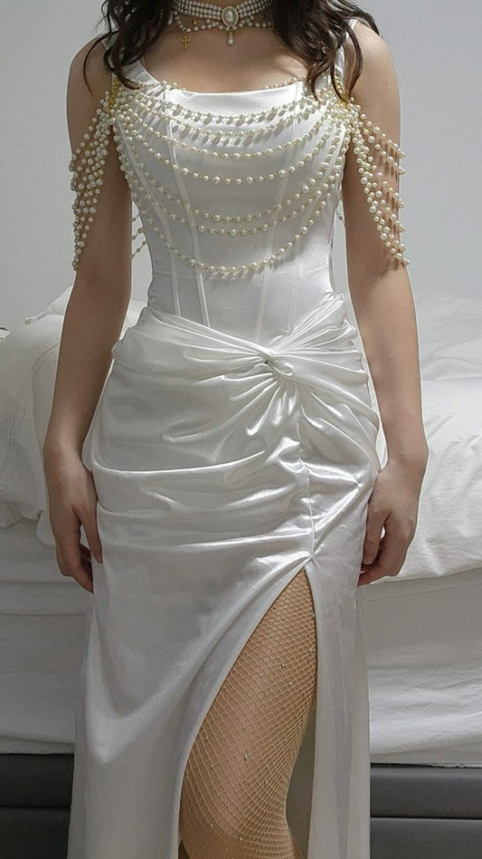 White Fashion Elegant Long Satin Prom Dress Evening Dress Party Dress nv4771