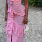 Pink ruffled chiffon elegant long spaghetti strap prom dress wedding guest dress nv5202