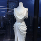White Satin Cowl Neck Mermaid Evening Gown Pearl Chain Tassel Draped Ruched High Slit Prom Dress  NV7004