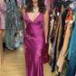 Purple Elegant Simple V-neck Low-cut Lace Long Ball Gown Evening Dress Wedding Guest Dress nv2814