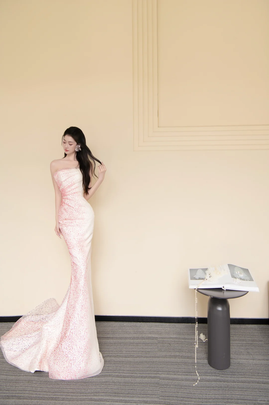 Ombre Pink Strapless Spark Rhinestone Mermaid Prom Gown  NV7436