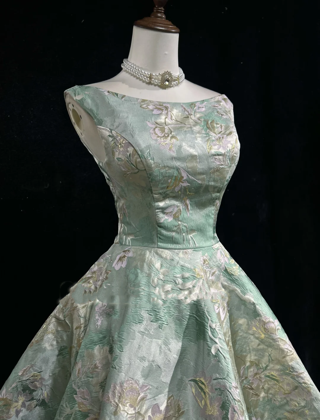 Off Shoulder Mint Green Vintage Prom Dress Floral Jacquard Satin Fit and Flare Tea Length Formal Gown  NV6906