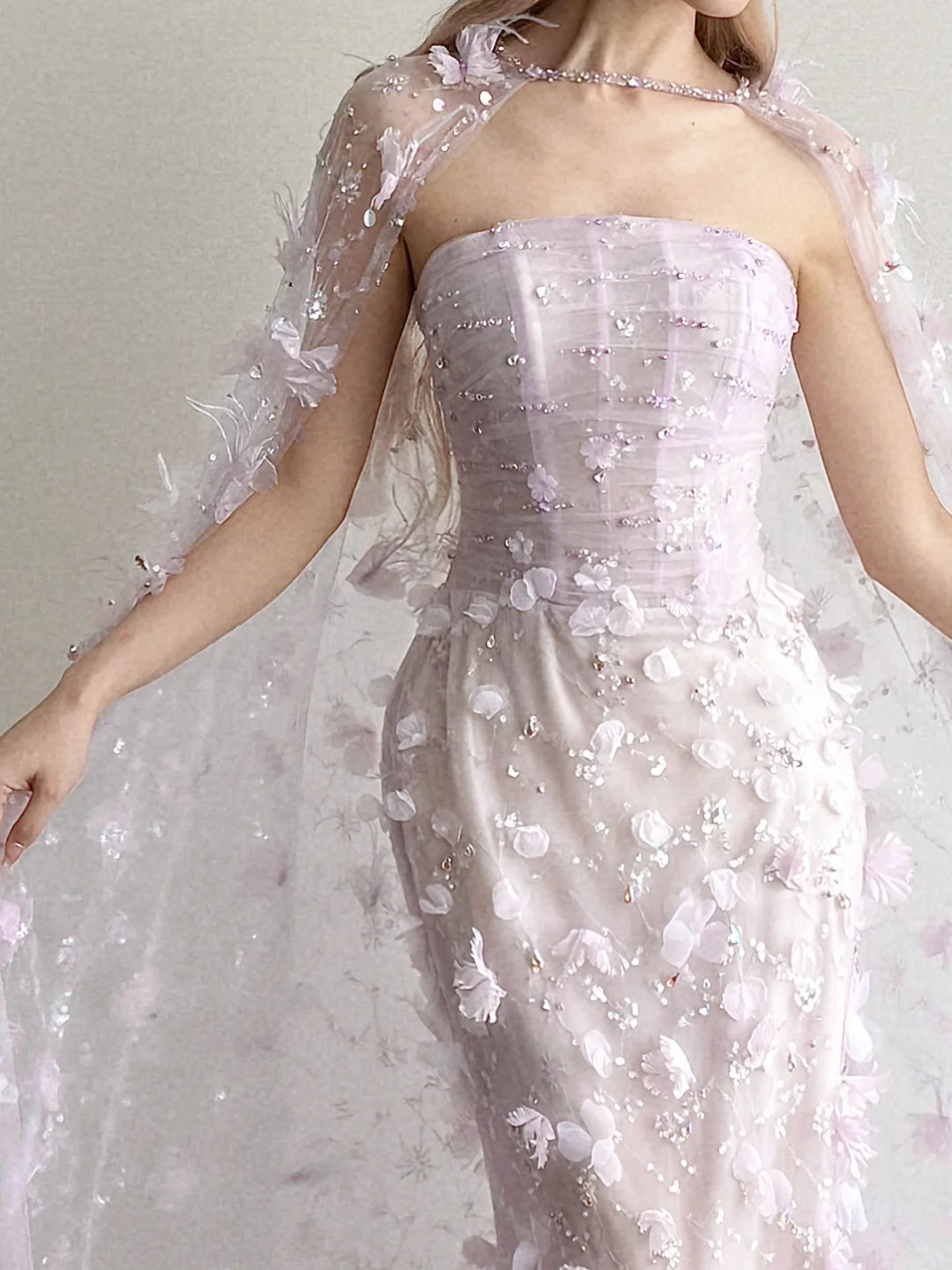 Strapless Lavender Mermaid Prom Dress With 3D Floral Cape  NV7119