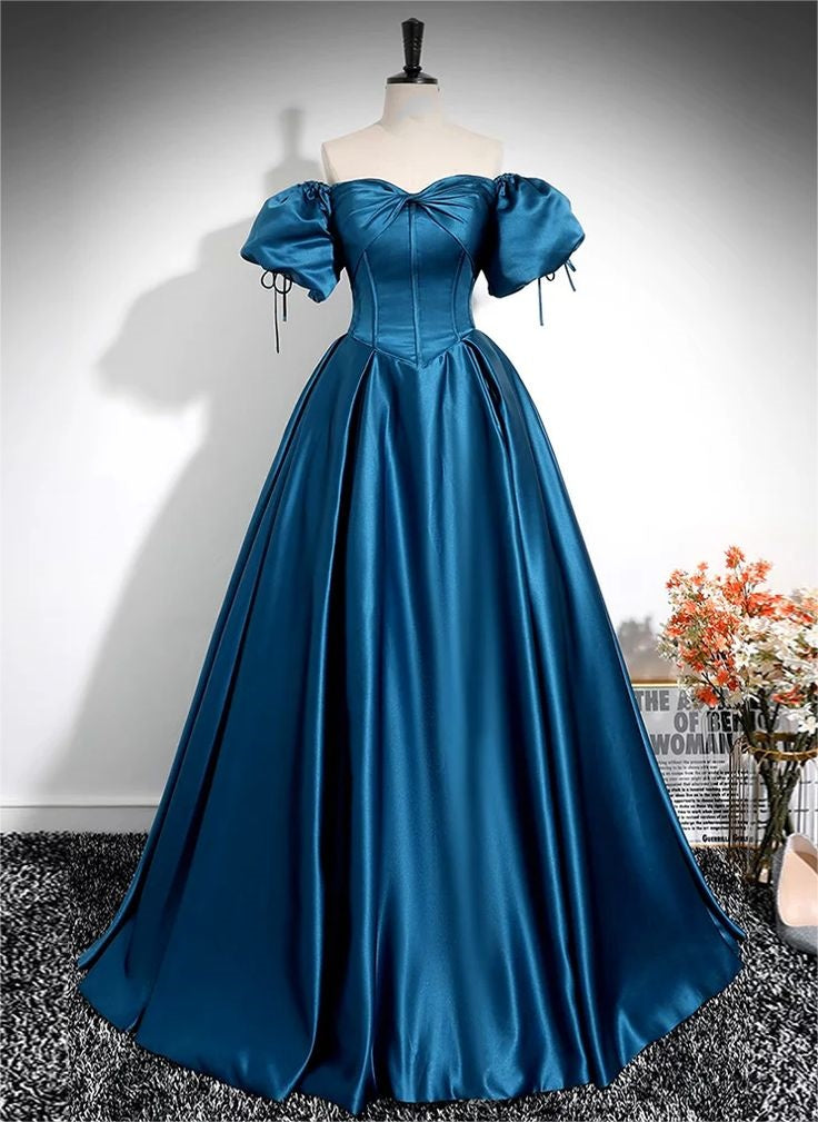 Peacock Blue A-line Puff Sleeve Satin Long Ball Gown Evening Dress nv2042