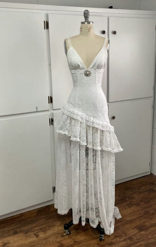 White Deep V-Neck Spaghetti-Strap Lace Tiered Mermaid Gown NV6251