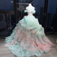 Mint Green Pink Ombre Strapless Princess Ball Gown Lace 3D Flowers Tiered Ruffle Organza Long Evening Gown  NV7008