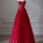 NiceVestidos--Red Spaghetti - Strap Beaded Tulle Gown, Romantic Layered Train Banquet Dress NV5758