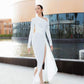 White solid color simple elegant off-shoulder long slit evening dress prom dress party dress nv2364