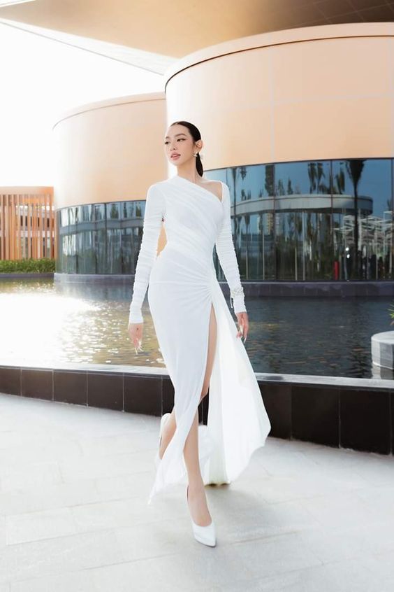 White solid color simple elegant off-shoulder long slit evening dress prom dress party dress nv2364