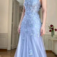 Blue stylish elegant exquisite embroidered spaghetti straps long tulle off-shoulder floor-length ball gown, evening dress, party dress nv3716