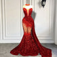 Red gorgeous shiny sequins heart-shaped neckline deep V side long trailing slit tulle sexy ball gown evening dress party dress nv3258