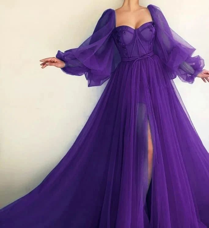 Purple elegant flowing puff sleeve tulle long formal prom dress evening gown party dress nv104