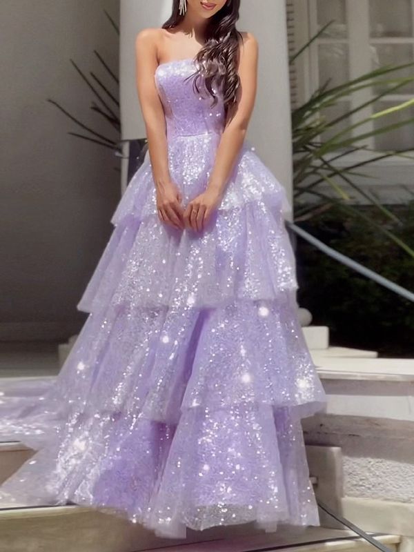 Light Purple Sparkling Tulle Sequin A-Line Long Tiered Ball Gown Evening Dress nv2651