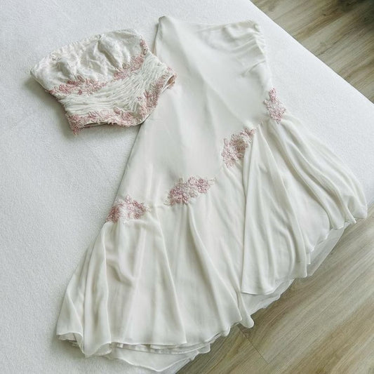 White fashion elegant pink floral applique tube top long two piece ball gown evening dress party dress nv3507