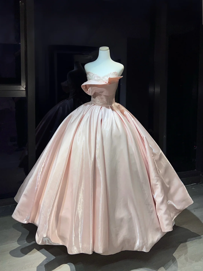 Light Pink Strapless Princess Evening Gown Lace Beading 3D Fold Bodice Glossy Satin Ball Skirt Long Prom Dress  NV7019