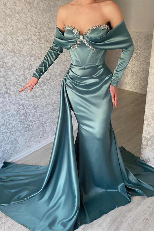 Unique Off Shoulder Long Sleeve Glitter Mermaid Prom Dress Long Sleeve Beaded Ball Party Dress nv1975