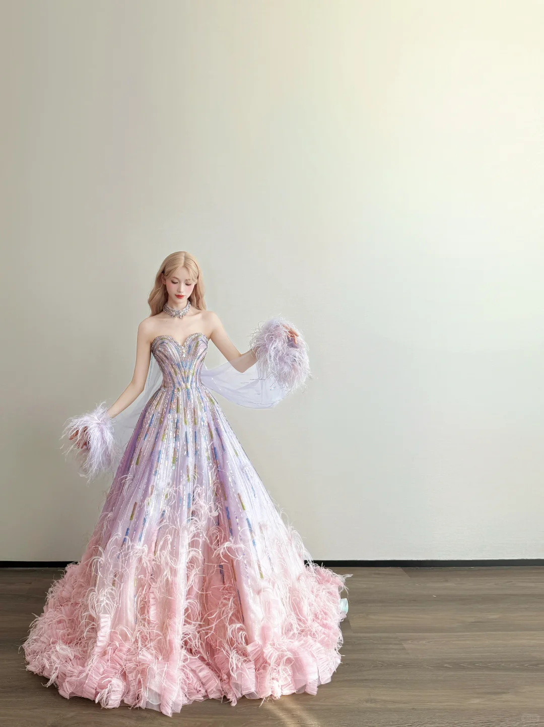 Ombre Pink Purple Feather Prom Gown Strapless Sweetheart Rhinestone Formal Dress  NV7164