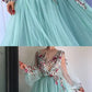 Turquoise Ball Gown Applique Lace Long Sleeve A-Line Floor Length Fairy Evening Gown nv2896