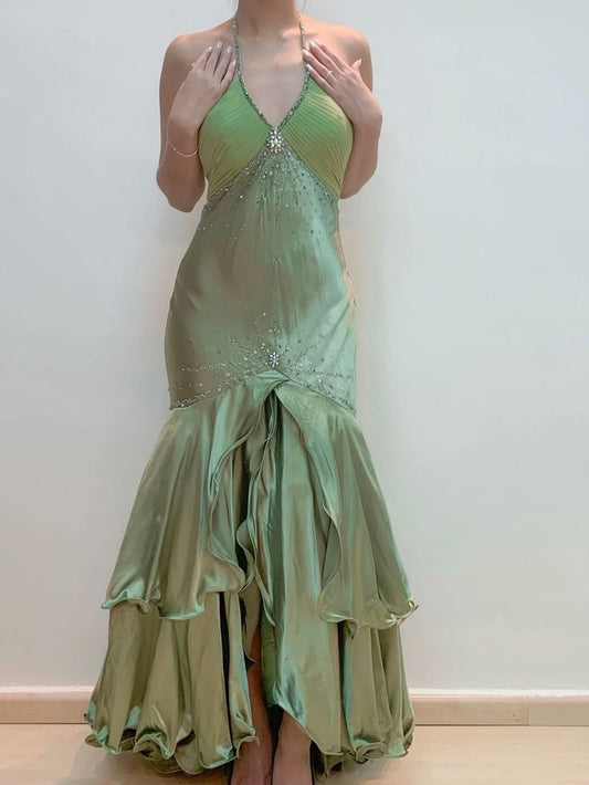 Green Vintage Beaded Long Ball Gown Evening Dress nv2098