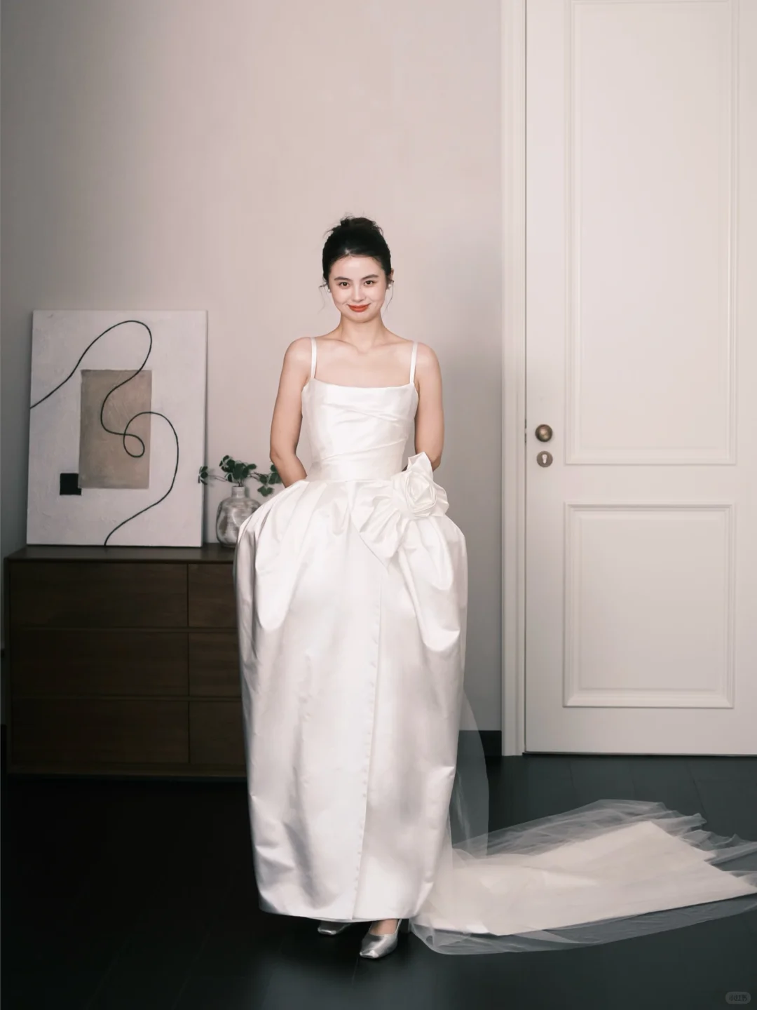 Spaghetti Strap Square Neck Satin Wedding Dress with 3D Rose  NV7354