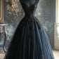 Black gorgeous elegant exquisite beaded applique lace long tulle ball gown evening gown wedding dress nv3389