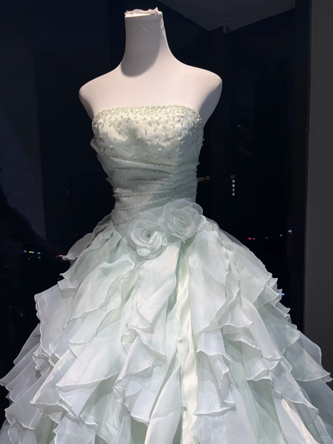Light Mint Strapless Ball Gown Beaded Ruched 3D Rose Ruffle Organza Formal Dress  NV6960