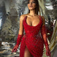 Red Luxury Gorgeous Rhinestone Low Cut Sequined Short Evening Dress Party Dress with Tulle Gloves nv2820